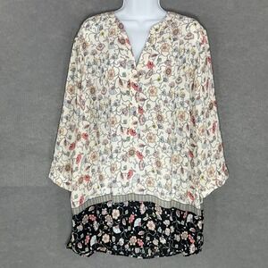 Rose+Olive Top Blouse V-Neck Long Sleeve Floral Garden‎ Tunic Flowy Sz 2X Boho